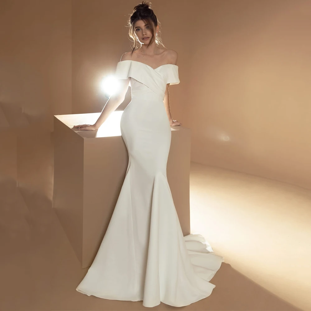 

Sexy Mermaid Wedding Dresses Simple Off The Shoulder V Neck Sweep Train Jersey Bridal Dress Plus Size Wedding Gowns