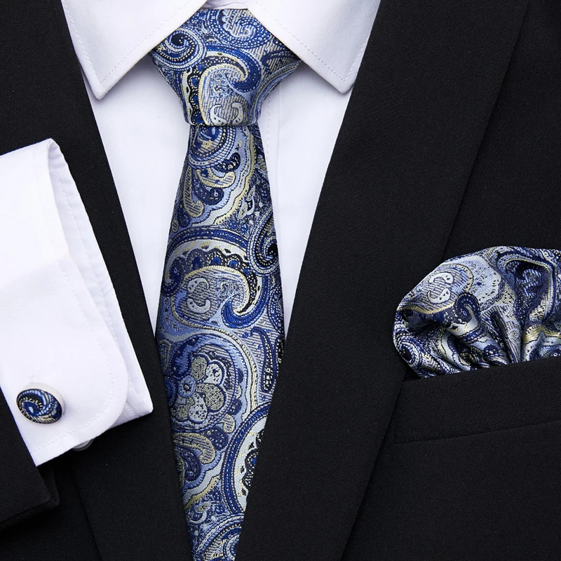 

High Grade 100% Silk Festive Gift Tie Handkerchief Pocket Squares Cufflink Set Tie Clip Necktie Paisley Beige Male