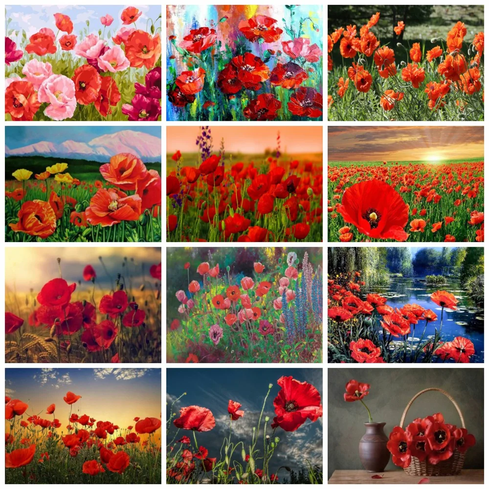 

Huacan Diamond Art Painting Poppy Flower Mosaic Floral Scenery Embroidery Red Flower Cross Stitch Home Decor Wall Stickers