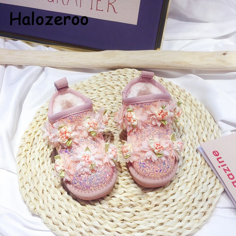 Новые зимние детские ботинки ботильоны с цветами для маленьких девочек детская