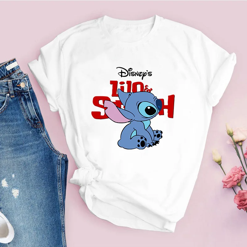 

Kawaii Disney Cartoon T Shirt Women Ohana Lilo Stitch Graphic Tees Anime Summer Top Harajuku O-Neck Short Sleeve T-shirts Female
