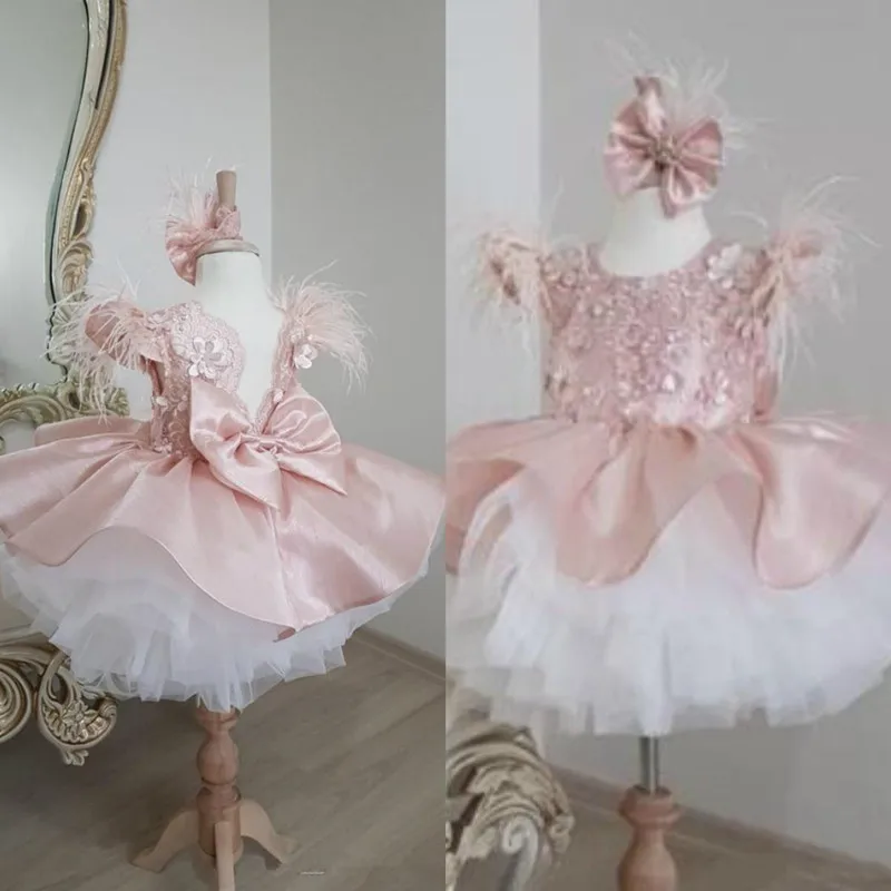 Pink Baby Girls Dresses Cap Sleeves Tutu Princess First Birthday Dresses Child Pageant Dress