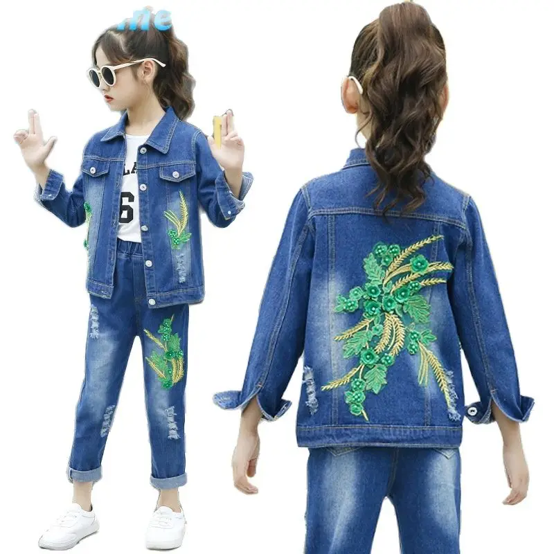Комплект одежды для маленьких девочек осень 2019 детская джинсовая куртка +