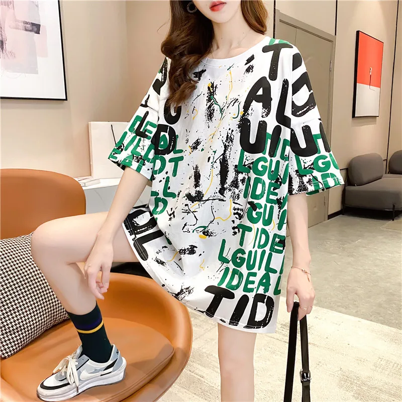 

2021 Summer Fashion New Mid-Length Loose Round Neck Short-Sleeved Printed Letters Large Size T-Shirt Women's Top Trend H384