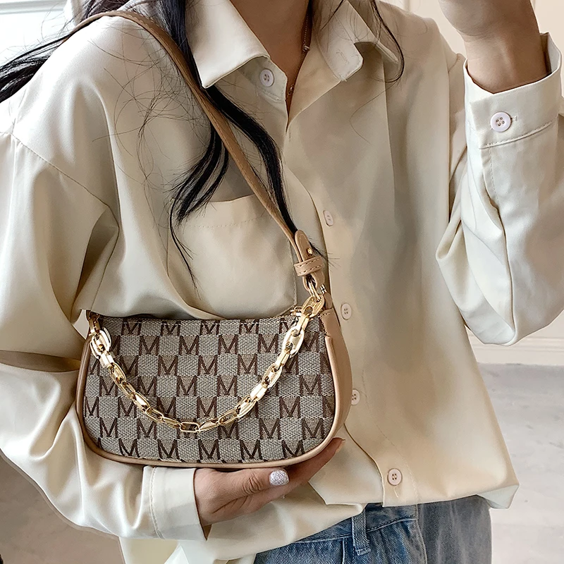 

Retro Letter Pu Leather Armpit Baguette Crossbody Bag for Women 2021 Chain Shoulder Handbags and Purses Female Travel Designer