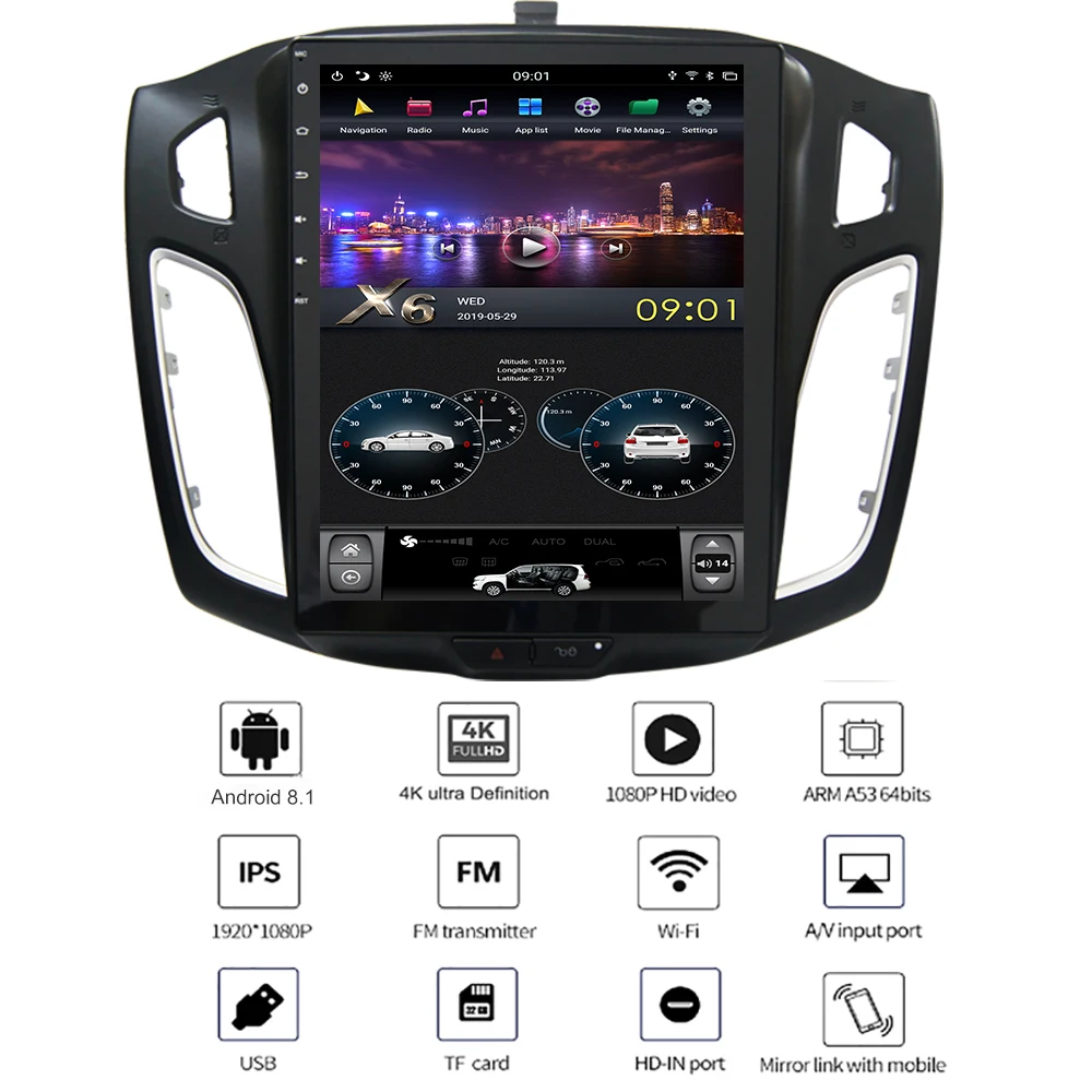 YAZH для Ford Focus 2012-2017 Авто радио мультимедиа с Android 8 1 OS 10 4 &quotIPS Tesla стиль дисплей Bluetooth