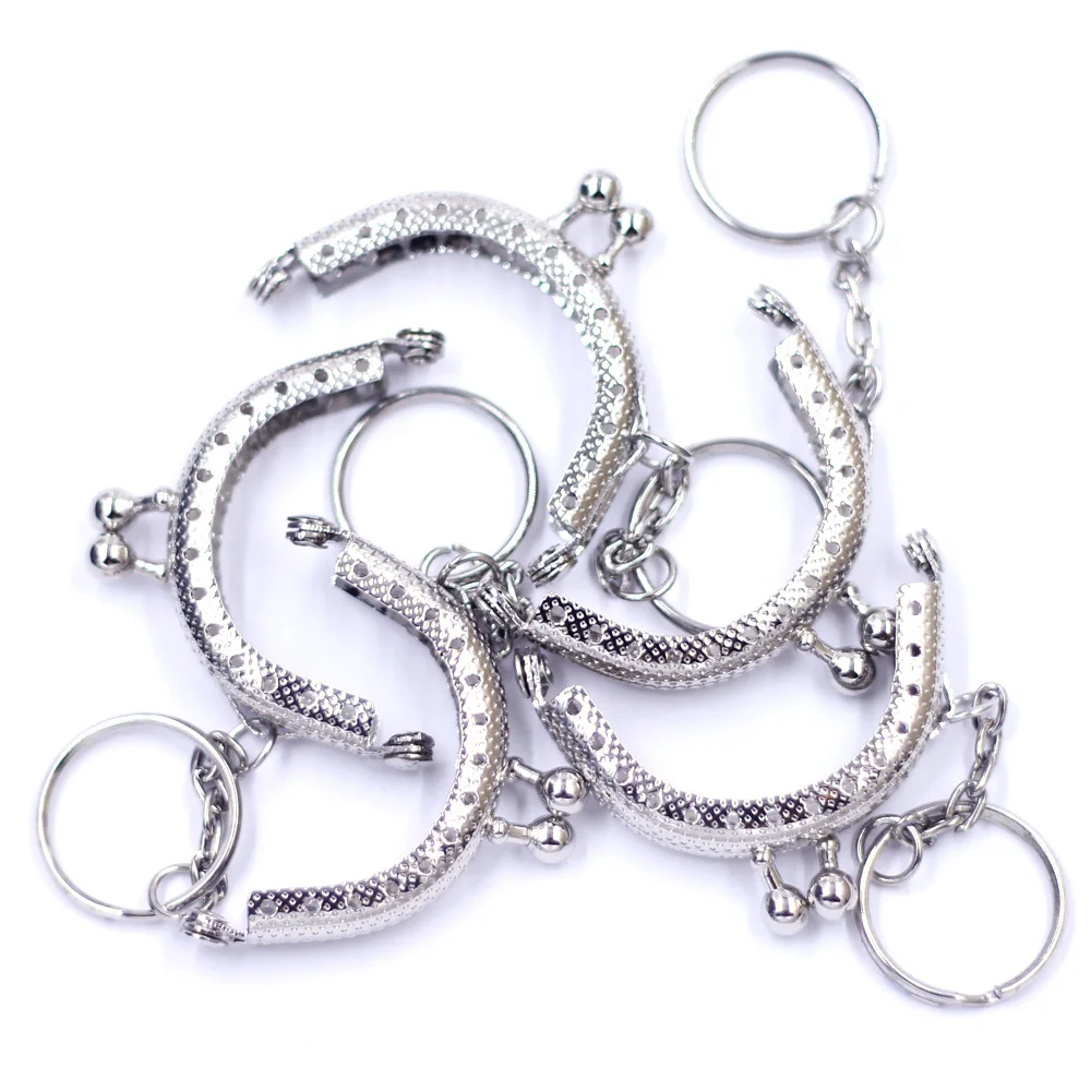 200Pcs Kiss Clasps Locks Lattice Silver Tone With Key Ring Chain Purse Bag Frame Handle Accessories 5x4cm