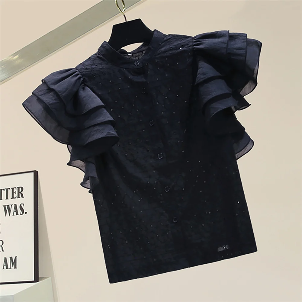 

Fashion Plaid Ruffle White Black Chiffon Women Blouses Casual Elegant Straight Short Sleeve Thin Shirts Button Up Summer Tops