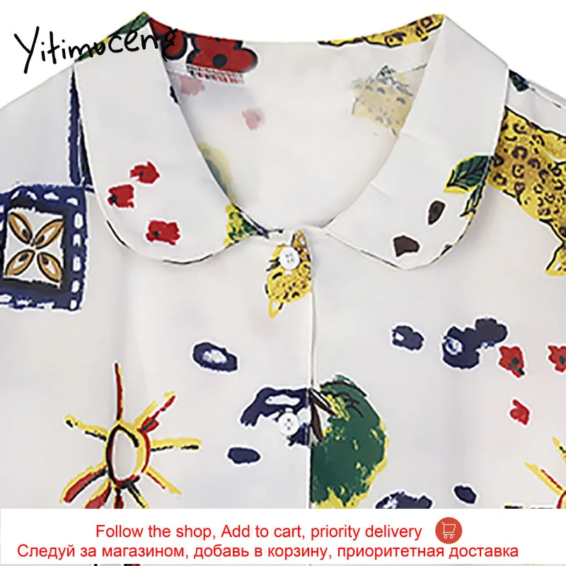 

Yitimuceng Print Blouse Women Button Up Shirts Loose New Summer 2021 Korean Turn-down Collar Single Breasted Short Sleeve Tops