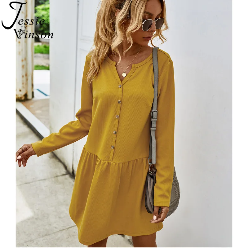 

Jessie Vinson Ribbed Knit Dress Women Casual Long Sleeve V-Neck Solid Short Dress Autumn Winter Vestidos Pullover Dresses Robe