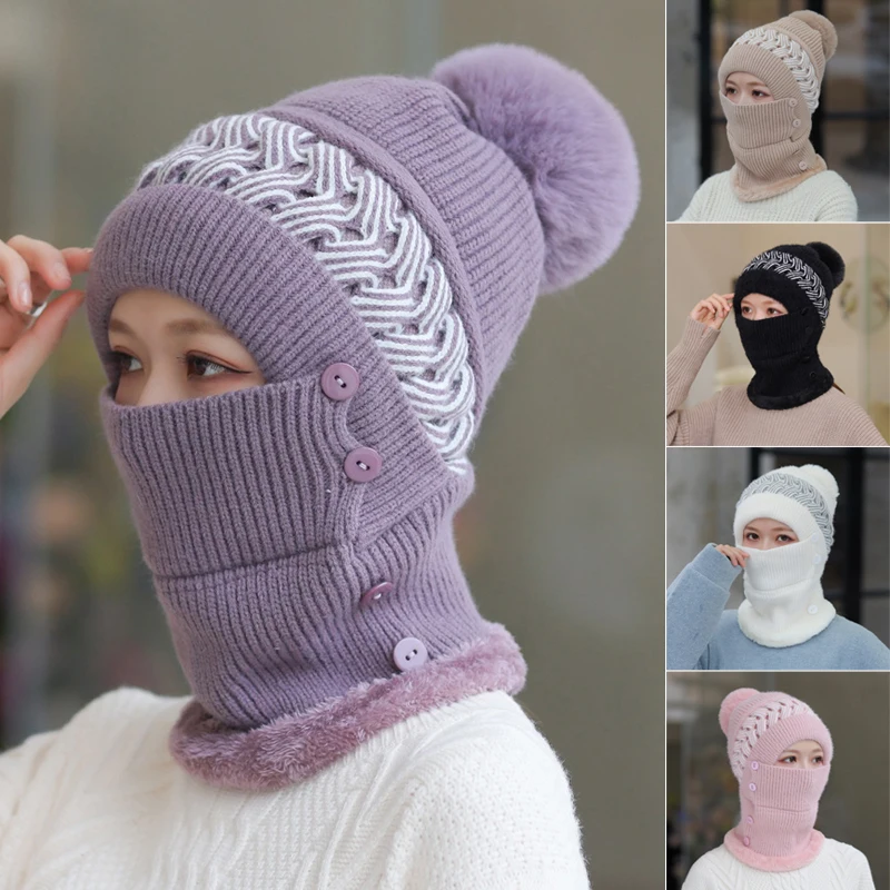 

Winter Windproof Warm Scarf One-piece Hat Earmuffs Cap Knitted Beanie Hat For Women N66
