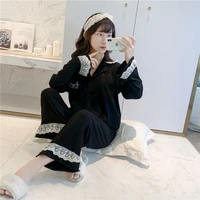 new product pajamas womens simple fashion lace letters lotus leaf sleeve cardigan long sleeve trousers suit home