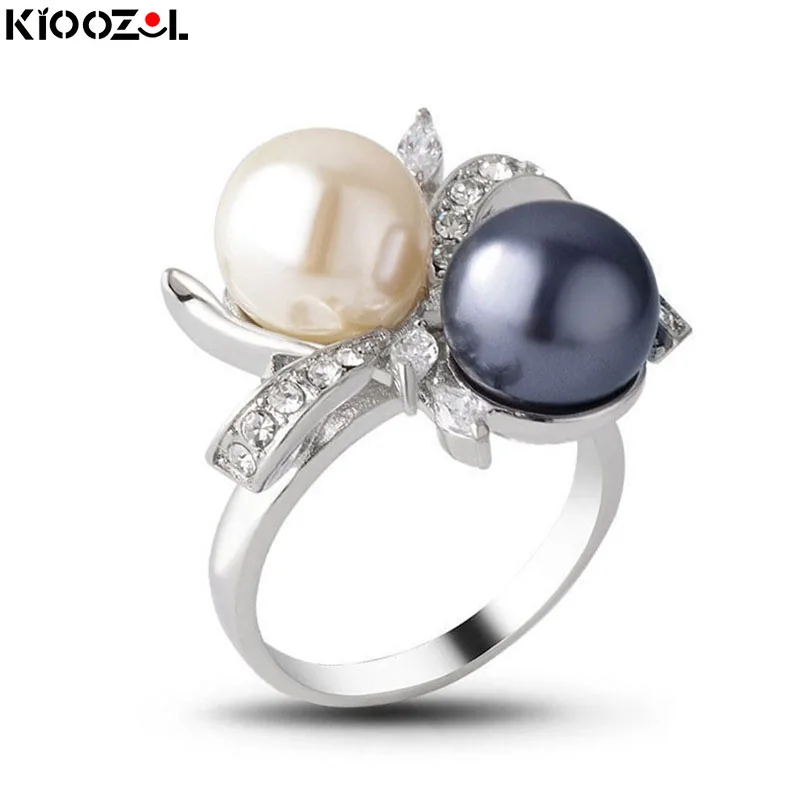 

KIOOZOL Vintage Grey White Double Pearl CZ Flower Silver Color Ring for Women Wedding Engagement Jewelry Accessories 075 KO2