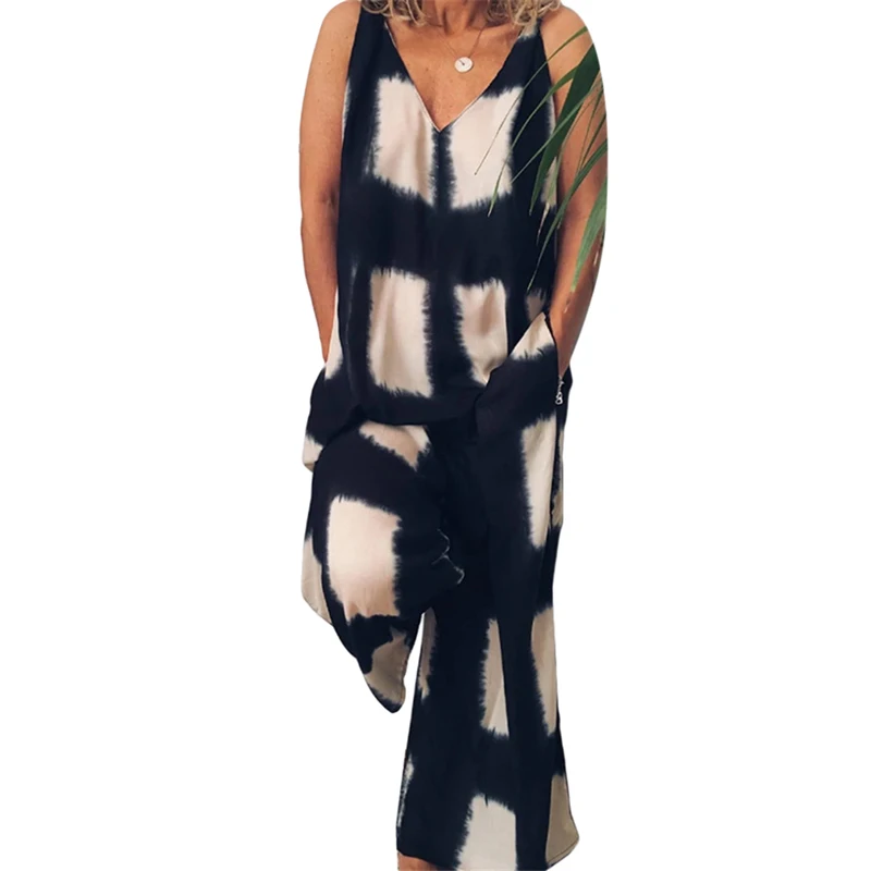 

2021 Women's Jumpsuits V Neck Plaid Style Sleeveless Jumpsuit Women Sexy Women Rompers Loose Pockets Romper