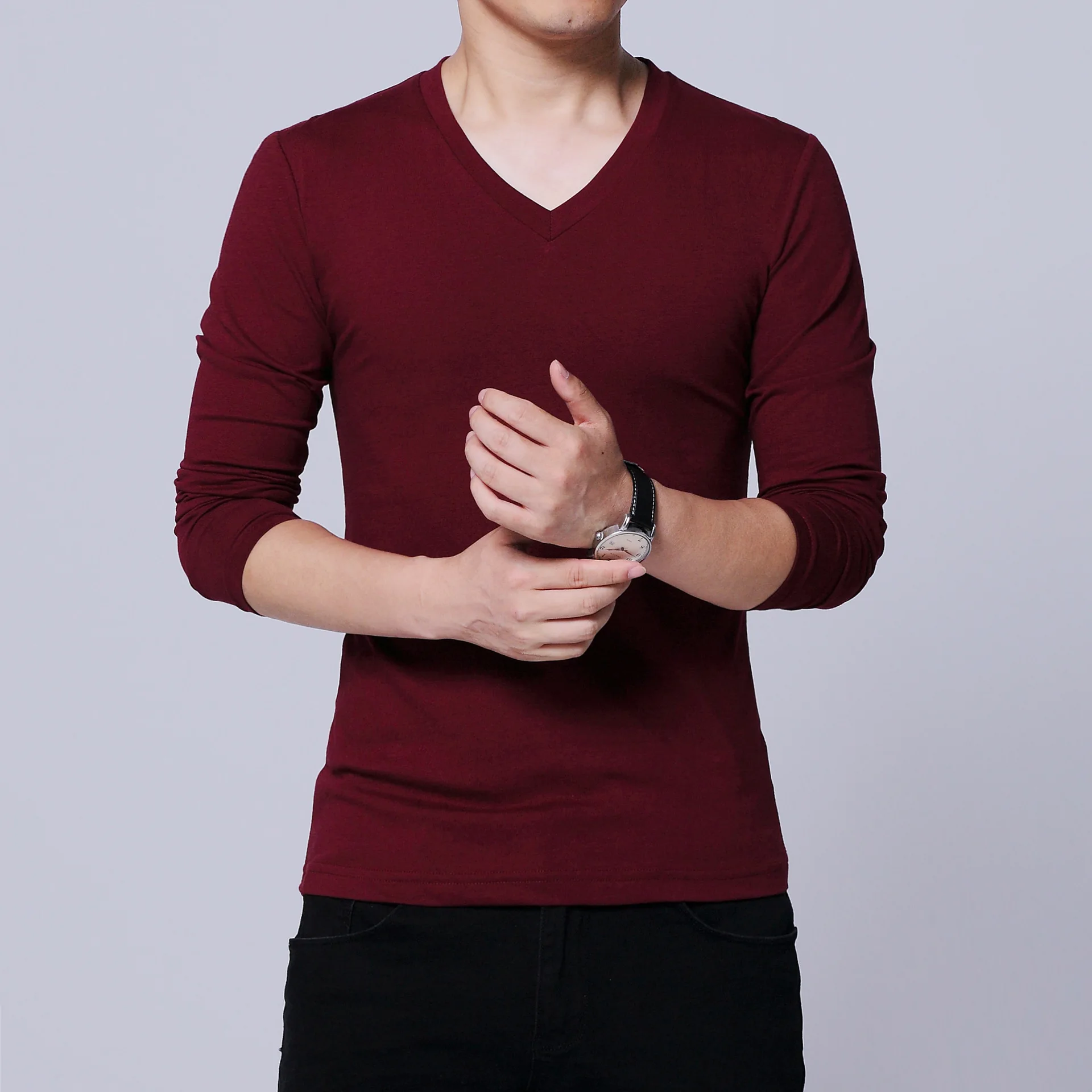 

T Shirt Men's Long Sleeve Top 2021 Spring and Autumn Cotton New Korean Men's V-neck Casual T-shirt Men Clothing