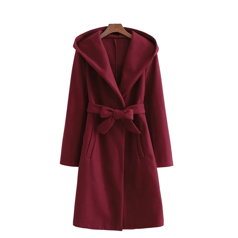 

Casual Woman Burgundy Oversized Warm Hooded Woolen Coats 2021 Winter Soft Sashes Jackets Female Loose Christmas Outerwear
