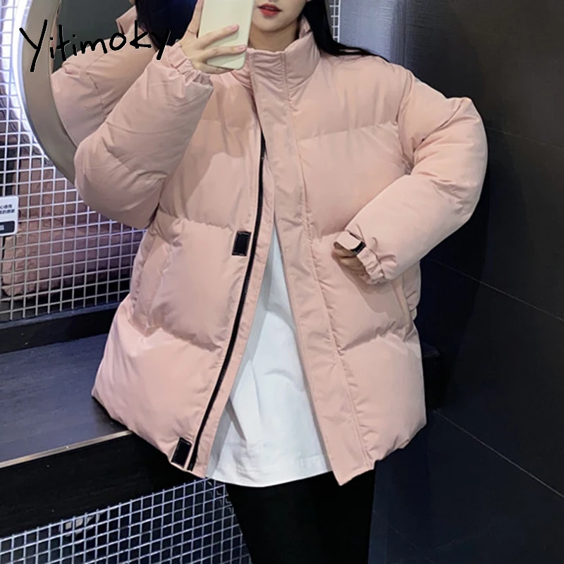 

Yitimoky зимнее пальто Женская куртка хлопковая верхняя одежда толстая теплая парка с воротником-стойкой черные розовые Свободные корейские м...
