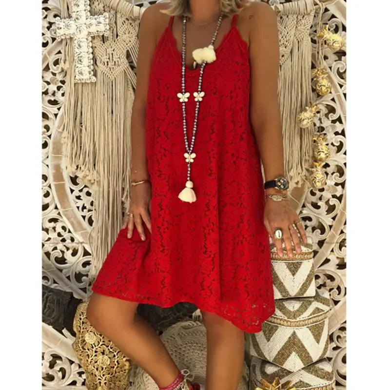

67JF Womens Summer Beach Lace Mini Dress Ladies Strappy V Neck Holiday Sundress Plus Size