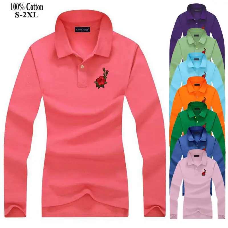 Женские рубашки поло с вышивкой повседневные дизайнерские облегающие топы из 100%