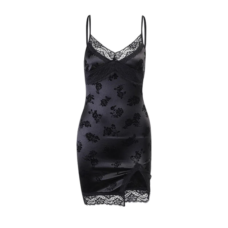 

Women Sexy V Neck Floral Print Lace Up Ruffles Skinny Sleeveless Backless Spaghetti Strap Camis Mini Sheath Dress Elegant Night