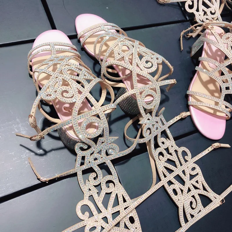 

Nrew Rhinestone Embellished Leather Knee High Sandals Women Summer Boots Roman Gladiator Thick High Heels Shoes Woman