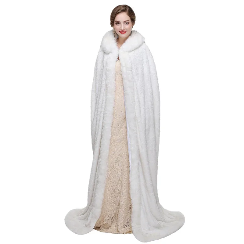 Длинная накидка из искусственного меха белая свадебная с капюшоном для невесты