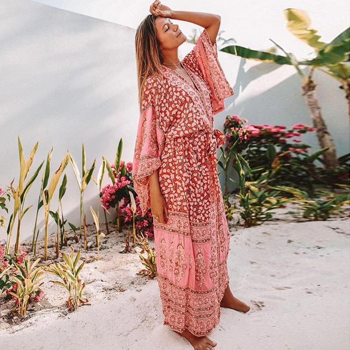 2019 Лето 3/4 рукав цветочный принт Макси кимоно Бохо кардиган &quotХиппи&quot куртка