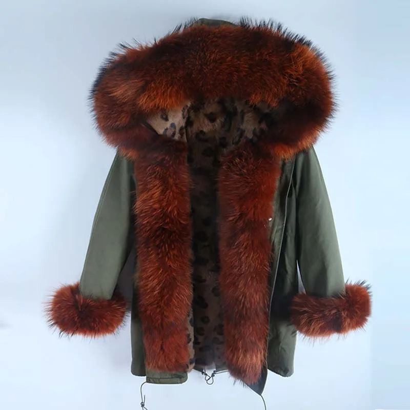 Rabbit Leopard Новая зимняя куртка женская красная лиса леопардовая кроличья меховая подкладка енота меховая парка натуральный Лисий меховой воротник верхняя одежда S-7XL - Цвет: Rabbit Leopard