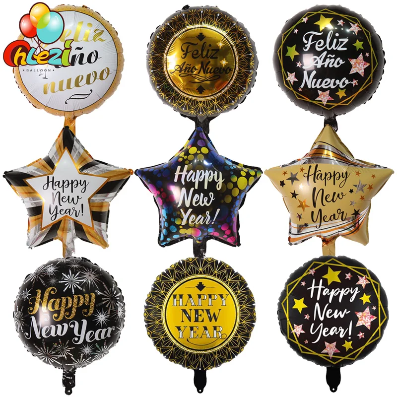 

6pcs 18 Inch Happy New Year Foil Balloons Spanish Feliz Ano Nuevo Round Helium Ballon New Year's Eve Christmas Party Decoration