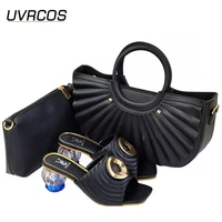 african 2021 italian design newest fashion colorfurl crystal style black color ladies shoes and bag set with streamer modeliing