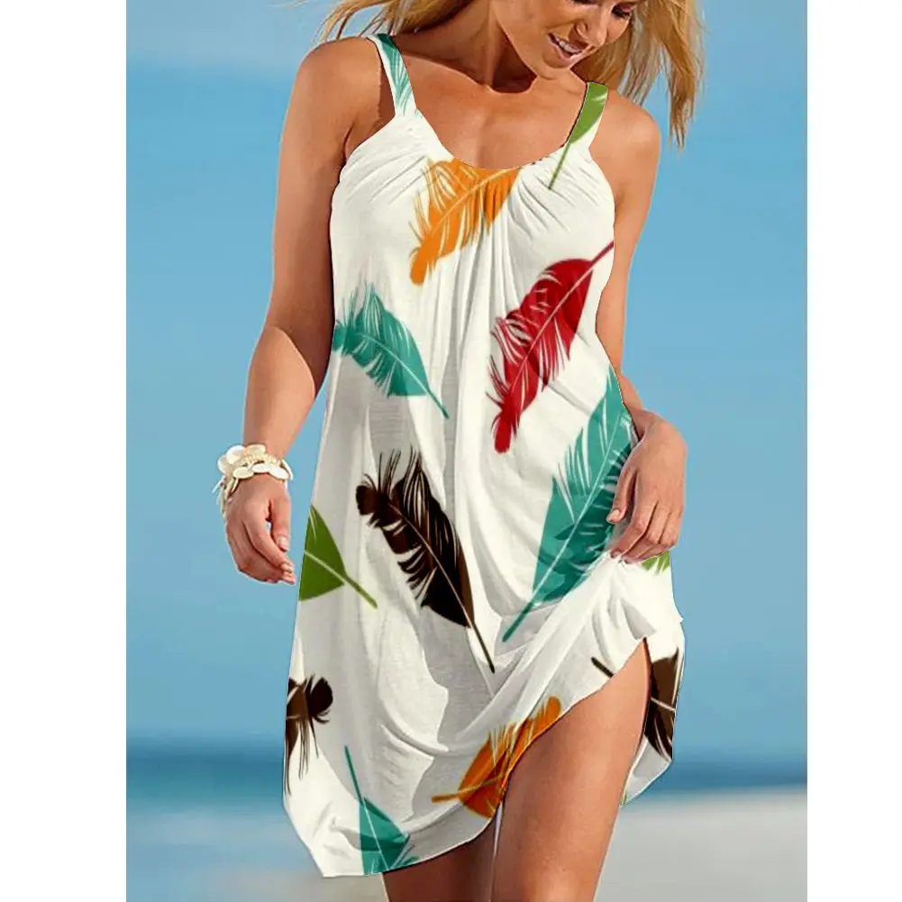 

Summer New 3d Feather Print Female Square Halter Neck Dress Beach Casual Midi skirt Fashion Beach Dress Sexy Boho Female Dress