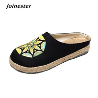 women summer slippers ladies flat heeled slides ethnic trend embroidered casual shoes female cotton fabric retro mules