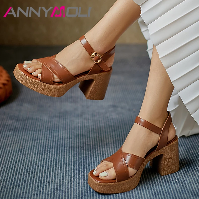 

ANNYMOLI Shoes Women Real Leather Sandals Super High Heel Buckle Sandals Square Toe Chunky Heel Ladies Footwear Summer Apricot