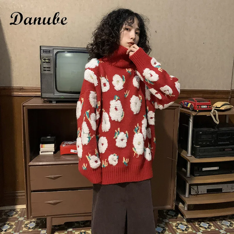 

Vintage Flower Black Sweaters Women Harajuku Knitted Pullover Casual Streetwear Loose Tops Korean Style Oversize Jumper Knitwear