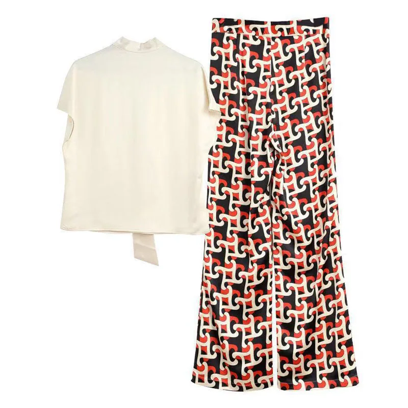 

ZALady Summer Casual Blouses And Pants Vintage Printed Elegant Short Sleeve Pullover Two Piece Set Women Top And Pants Suit Wear