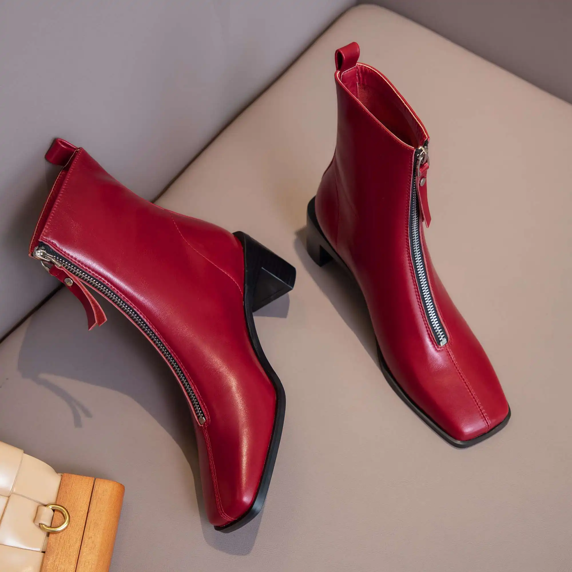 

krazing pot 2020 new arrival winter shoes genuine leather square toe high heel zipper beauty lady streetwear hot ankle boots L10