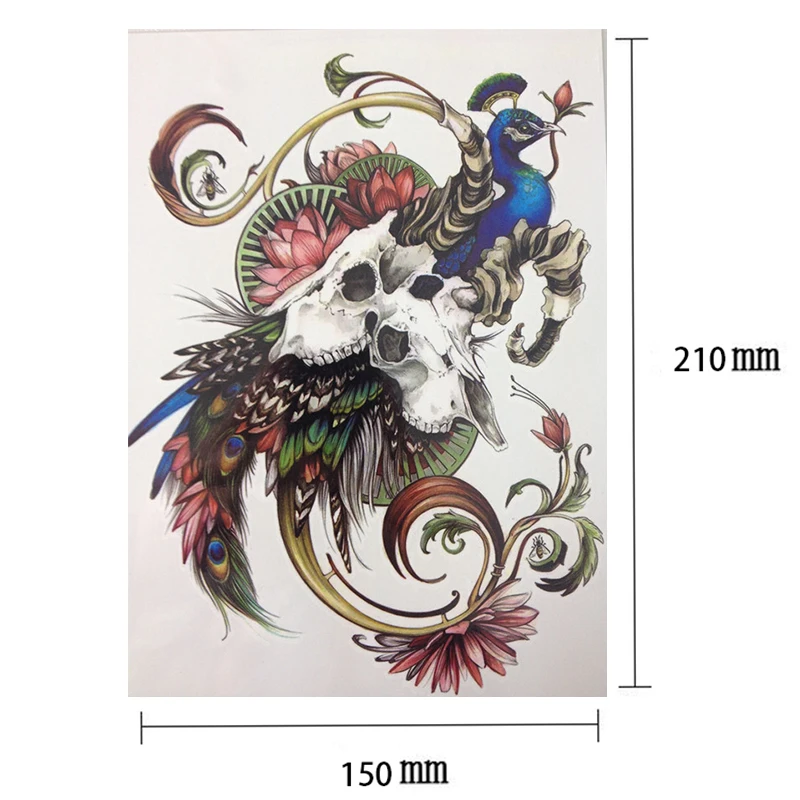 Водостойкие временные тату-наклейки с павлином и цветком 21 х15 см | Красота