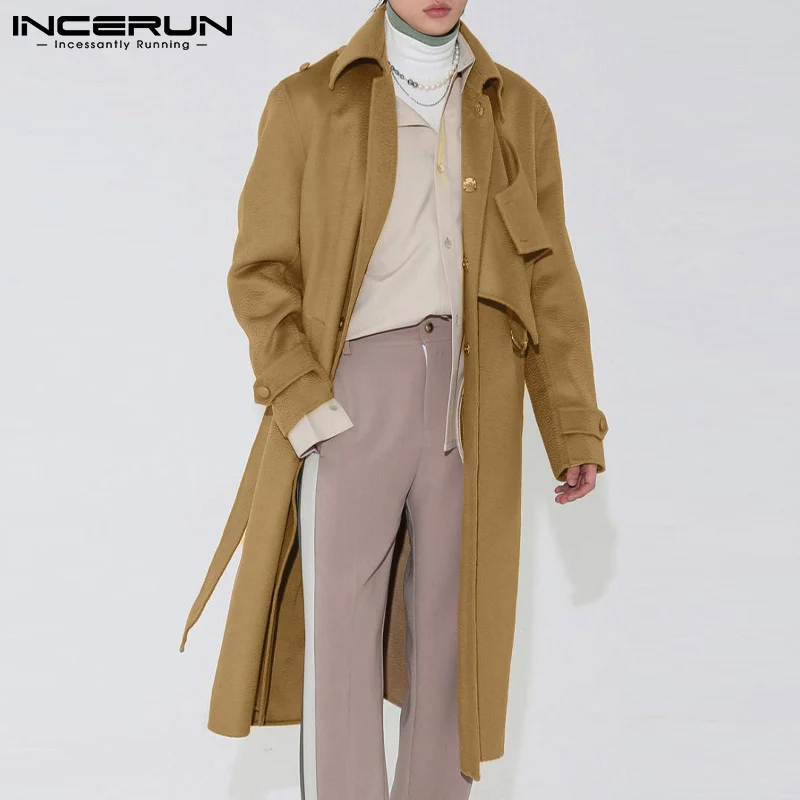 

2022 Fashion Men Coats Lapel Long Sleeve Single Breasted Long Style Overcoats Solid Color Streetwear Casual Trench S-5XL INCERUN