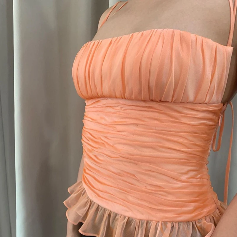 

Женский сетчатый жилет на одно плечо с открытой спиной и бретельками в виде листьев лотоса оранжевого цвета