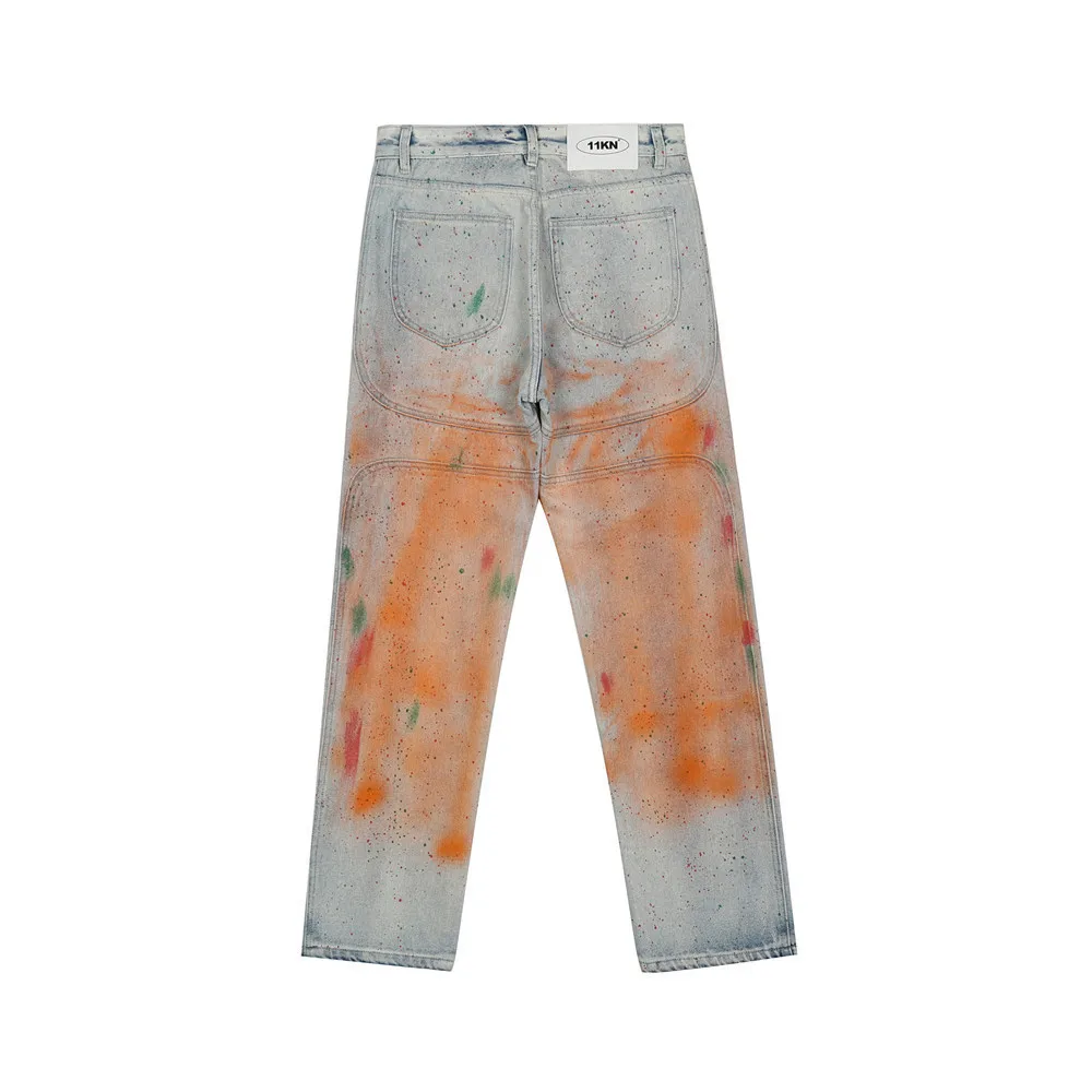 2021 Vouge Inkjet Paint Graffiti Retro Washed Men Hip Hop Baggy Jeans Pants Loose Straight Casual Denim Trousers Gothic Clothes