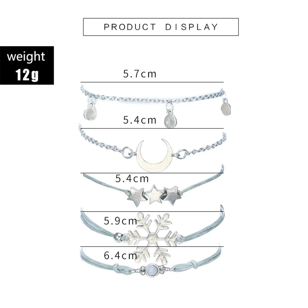 Женский браслет со снежинкой с пятиконечными звездами Луной и открытым