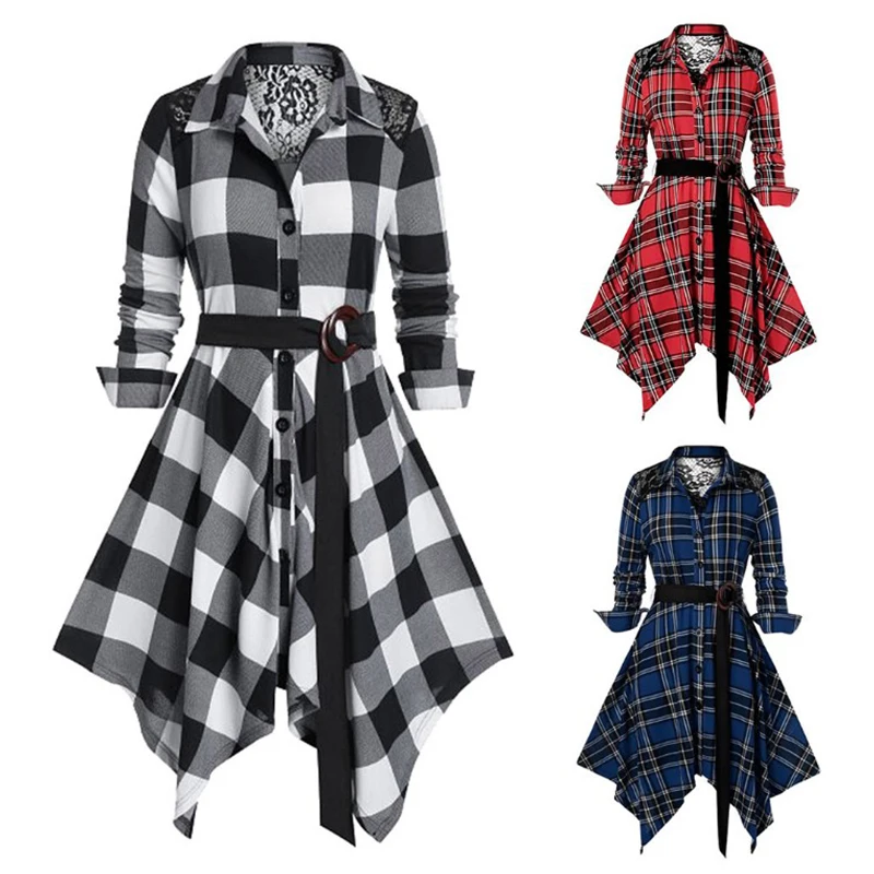 

2021 Spring Autumn Fashion Elegant Plaid Dress Women's Lapel Long Sleeve Knee Long Belt Classic Street Slim Retro Dress #880