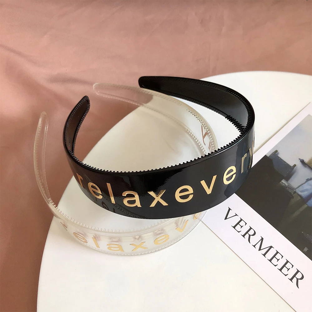 

Black Transparent Gold Letters Hair Hoop Wide Side Outdoors Street Headband Women Fashion Personality Head Hoop Accessories