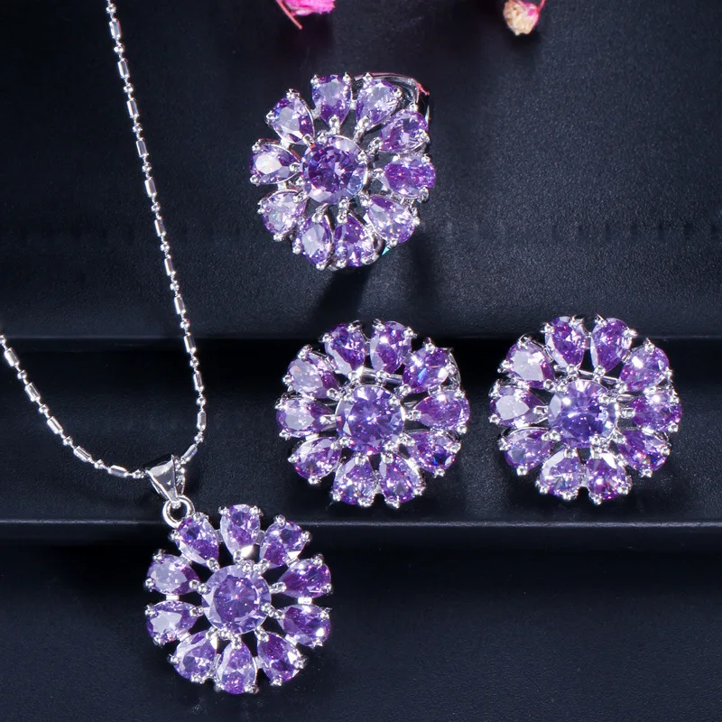 

Fashion Cubic AAA Zircon Necklace Earring and Ring Set Wedding Jewelry Set Gifts for Women Flower Cubic Zirconia Classic Copper