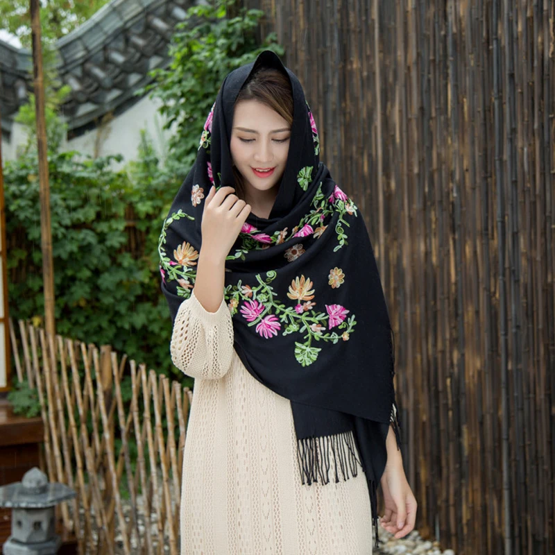 

Теплый элегантный головной платок с цветочной вышивкой с завязками цветной хлопковый квадратный шарф с начесом бандана женская дизайнерская одежда