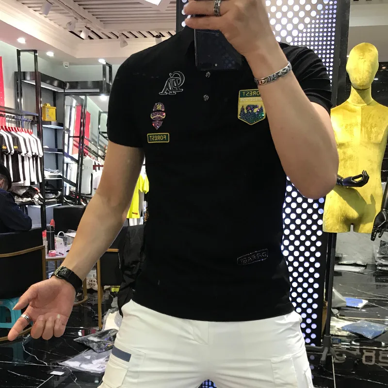 

Summer new style European station fashion brand badge embroidered lapel t-shirt personality fashion POLO shirt men's