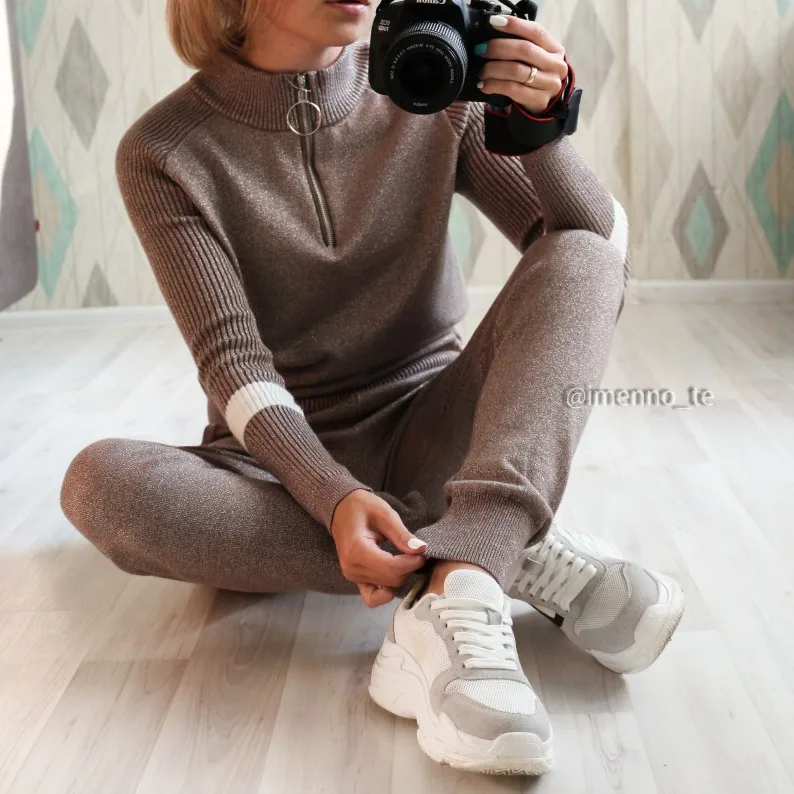 Женский свитер с люрексом костюмы и комплект Повседневные вязаные свитера штаны