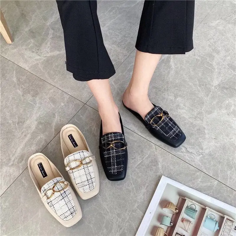 

Summer Mules Shoes Women Leisure Flat Shoes Women Square Head Plaid Outdoor Slippers Loafers Shoes