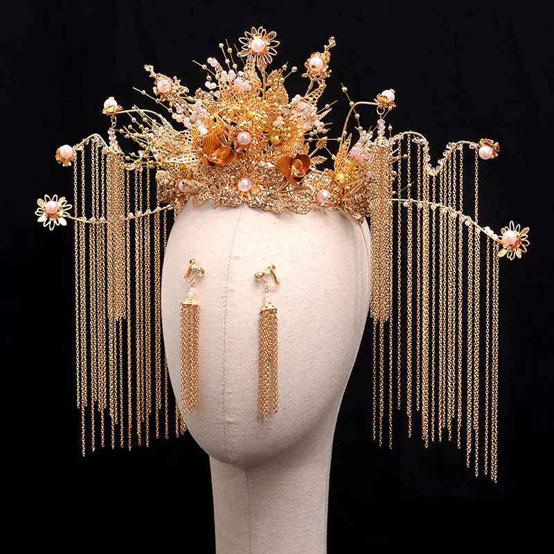 

XinHuaEase Xiuhe Headdress New Chinese Bridal Hair Set Tassels Phoenix Crown Ancient Style Wedding Hanfu Accessories Golden
