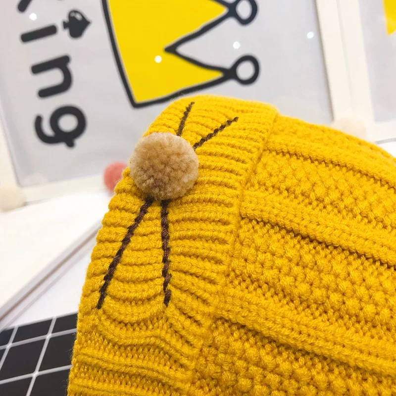 

Children Pompom Fur Beanies Hat Boys Girls Cute Warm Knitted Wool Skullcap Autumn Winter Cartoon Cat Skullies Soft Cap 5 Colors